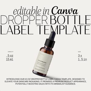 May include: A brown glass dropper bottle with a black cap and a white label. The label reads "CEDARWOOD" and includes product information. The image also displays the text "editable in Canva DROPPER BOTTLE LABEL TEMPLATE" and the size of the bottle is 7.6 x 3.8 cm.