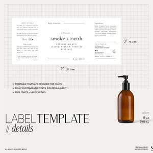 Pump Bottle Sticker Label Template DIY, Body Wash Product Label Design, Premade Wrap Around Bottle Label Template 8 oz — 16 oz・Smoke image 3