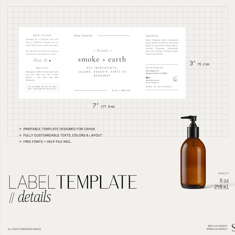 Pump Bottle Sticker Label Template DIY, Body Wash Product Label Design, Premade Wrap Around Bottle Label Template 8 oz — 16 oz・Smoke image 3