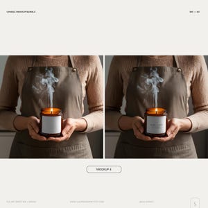 May include: A person holding a brown glass candle jar with a white label. The candle is lit and smoke is rising from the wick. The person is wearing a brown apron and a beige sweater.