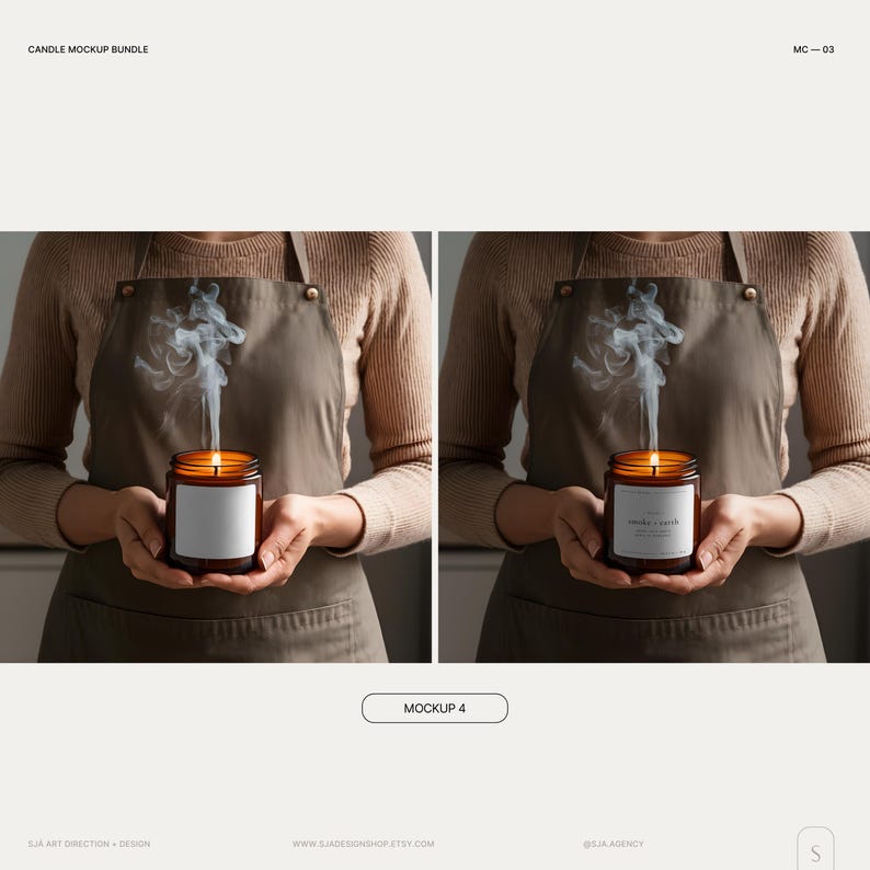 May include: A person holding a brown glass candle jar with a white label. The candle is lit and smoke is rising from the wick. The person is wearing a brown apron and a beige sweater.