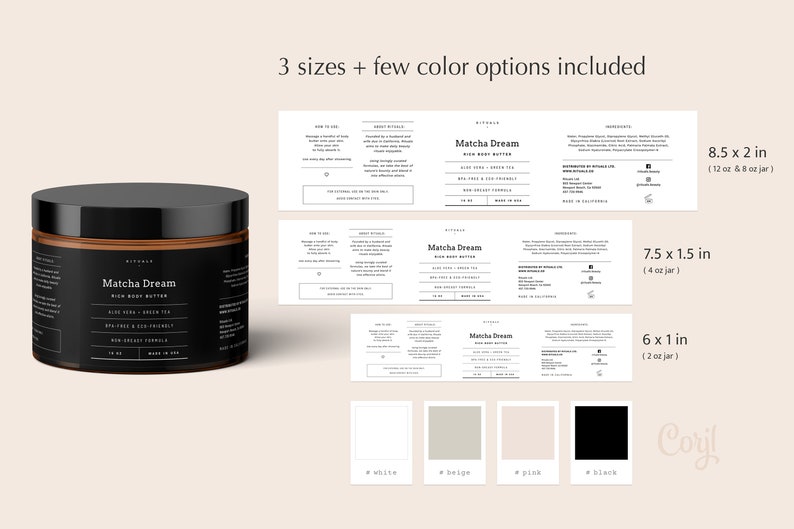 May include: A black jar of Matcha Dream rich body butter with a brown label and a black lid. The image includes three label sizes: 8.5 x 2 in, 7.5 x 1.5 in, and 6 x 1 in. Color options include white, beige, pink, and black.