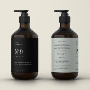 May include: Two brown glass bottles with black pump tops and labels. The bottle on the left has a black label with the text "BODY CLEANSER N&deg;9 | RITUALS | Blend of essential nutrients to address specific skincare concerns 8 fl oz - 236 ml". The bottle on the right has a white label with the text "ABOUT RITUALS Founded by a husband and wife with a dream to make beauty rituals enjoyable, aiming to make daily beauty rituals enjoyable. Using the best of nature-inspired formulas, we make the most of expertly blended and hand-picked ingredients. Made with &hearts; HOW TO USE: Apply 3-7 drops to bare skin or mixed in with moisturizer. Use every night or 2-3 a day. FOR EXTERNAL USE ON THE SKIN ONLY. AVOID CONTACT WITH EYES."