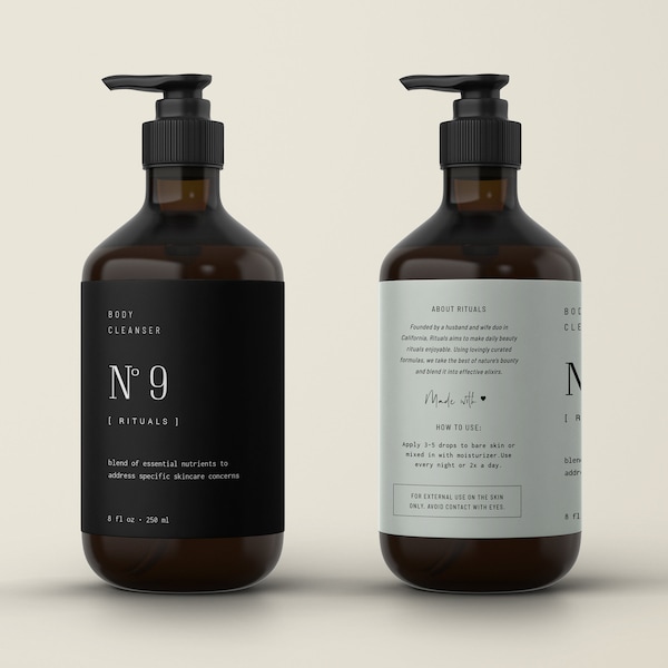 Étiquettes imprimables de produits pour le corps bricolage — Modèle de conception d'étiquette de produit cosmétique de beauté — Modèle d'étiquette de bouteille de shampooing 8 oz — 16 oz・No.9