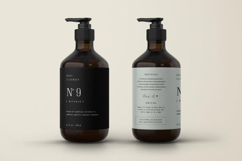 May include: Two brown glass bottles with black pump tops and labels. The bottle on the left has a black label with the text "BODY CLEANSER N&deg;9 | RITUALS | Blend of essential nutrients to address specific skincare concerns 8 fl oz - 236 ml". The bottle on the right has a white label with the text "ABOUT RITUALS Founded by a husband and wife with a dream to make beauty rituals enjoyable, aiming to make daily beauty rituals enjoyable. Using the best of nature-inspired formulas, we make the most of expertly blended and hand-picked ingredients. Made with &hearts; HOW TO USE: Apply 3-7 drops to bare skin or mixed in with moisturizer. Use every night or 2-3 a day. FOR EXTERNAL USE ON THE SKIN ONLY. AVOID CONTACT WITH EYES."