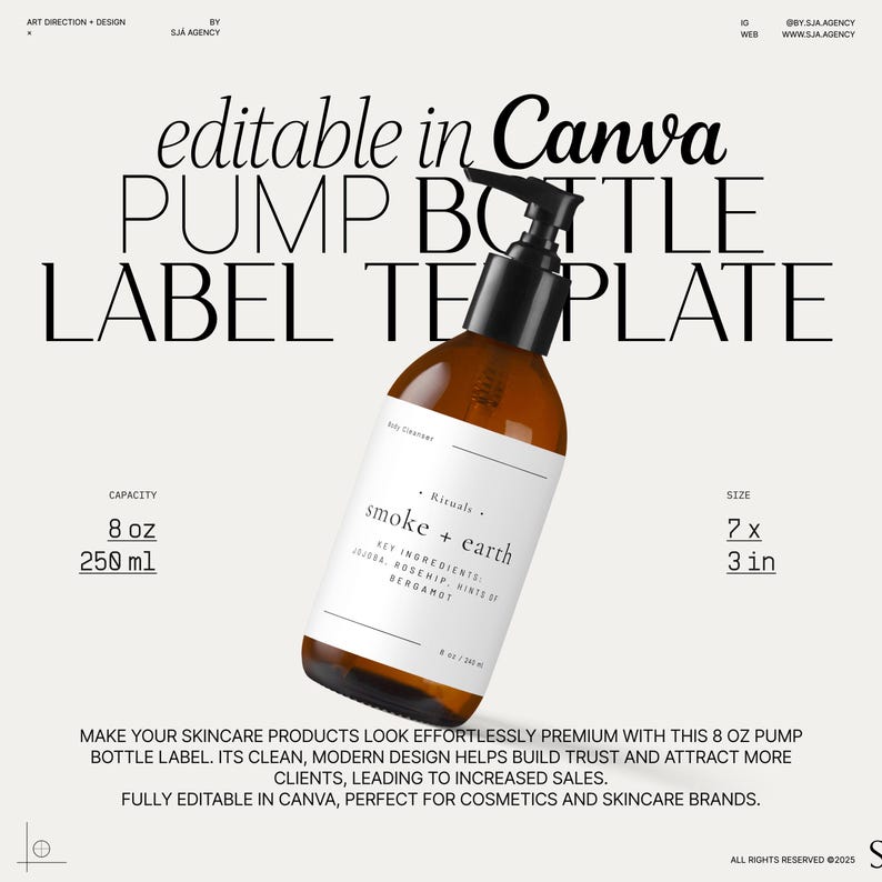 Pump Bottle Sticker Label Template DIY, Body Wash Product Label Design, Premade Wrap Around Bottle Label Template 8 oz — 16 oz・Smoke image 1