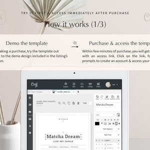 May include: A screenshot of a computer screen showing a website with a candle label template design. The template is for a candle called "Matcha Dream" and features a black and white design with the text "Matcha Dream" and "LUXE SOY CANDLE".