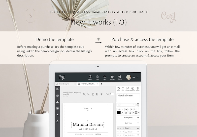 May include: A screenshot of a computer screen showing a website with a candle label template design. The template is for a candle called "Matcha Dream" and features a black and white design with the text "Matcha Dream" and "LUXE SOY CANDLE".