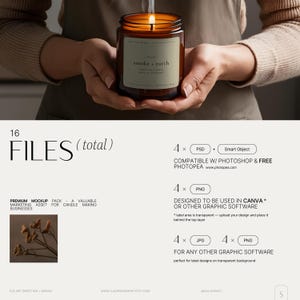 May include: A mockup of a candle label design with the text "smoke + earth" on a brown glass candle jar. The candle is being held by a person's hands.