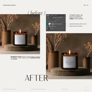 May include: A mockup scene featuring a brown glass candle with a white label. The candle is lit and sitting on a concrete base. The scene is set against a brown background with dried branches and other decorative elements. The text "smoke + earth" is printed on the label.