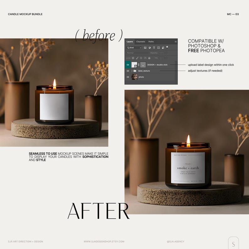 May include: A mockup scene featuring a brown glass candle with a white label. The candle is lit and sitting on a concrete base. The scene is set against a brown background with dried branches and other decorative elements. The text "smoke + earth" is printed on the label.