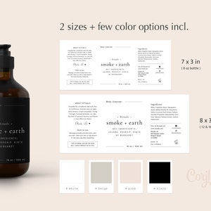 May include: A black and white label for a body cleanser bottle with the text "Rituals smoke + earth KEY INGREDIENTS: JOJOBA, ROSEHIP, HINTS OF BERGAMOT" and the text "7 x 3 in (8 oz bottle)" and "8 x 3.5 in (12 & 16 oz bottle)"  The label is available in four colors: white, beige, pink, and black.