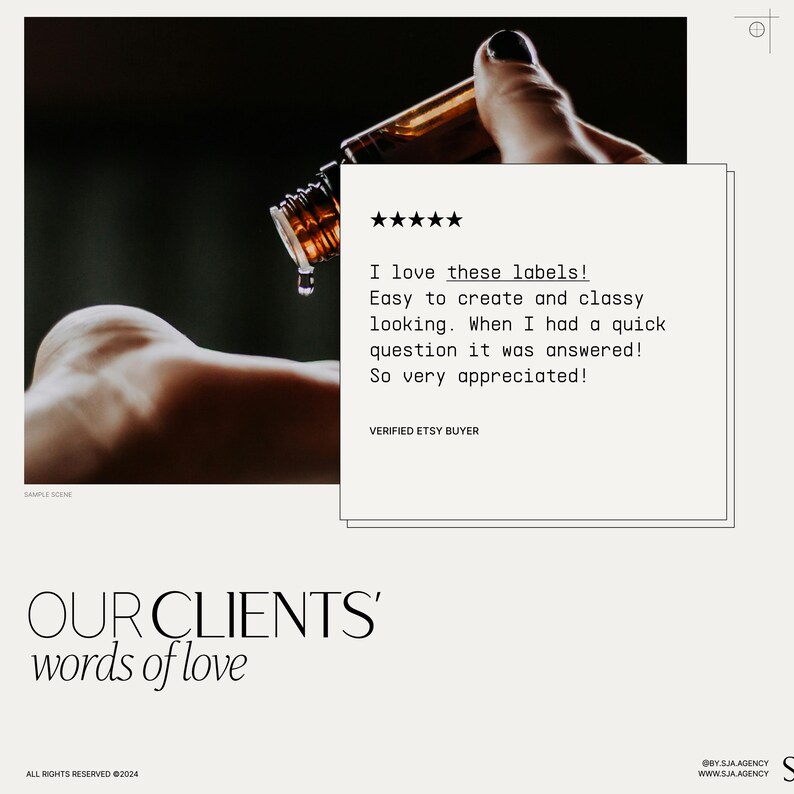 Puede incluir: Una rese&ntilde;a de un cliente para un producto con cinco estrellas. La rese&ntilde;a dice: "&iexcl;Me encantan estas etiquetas! F&aacute;ciles de crear y elegantes. Cuando tuve una pregunta r&aacute;pida, me la respondieron. &iexcl;Muchas gracias!" La rese&ntilde;a est&aacute; etiquetada como "Comprador de Etsy verificado".