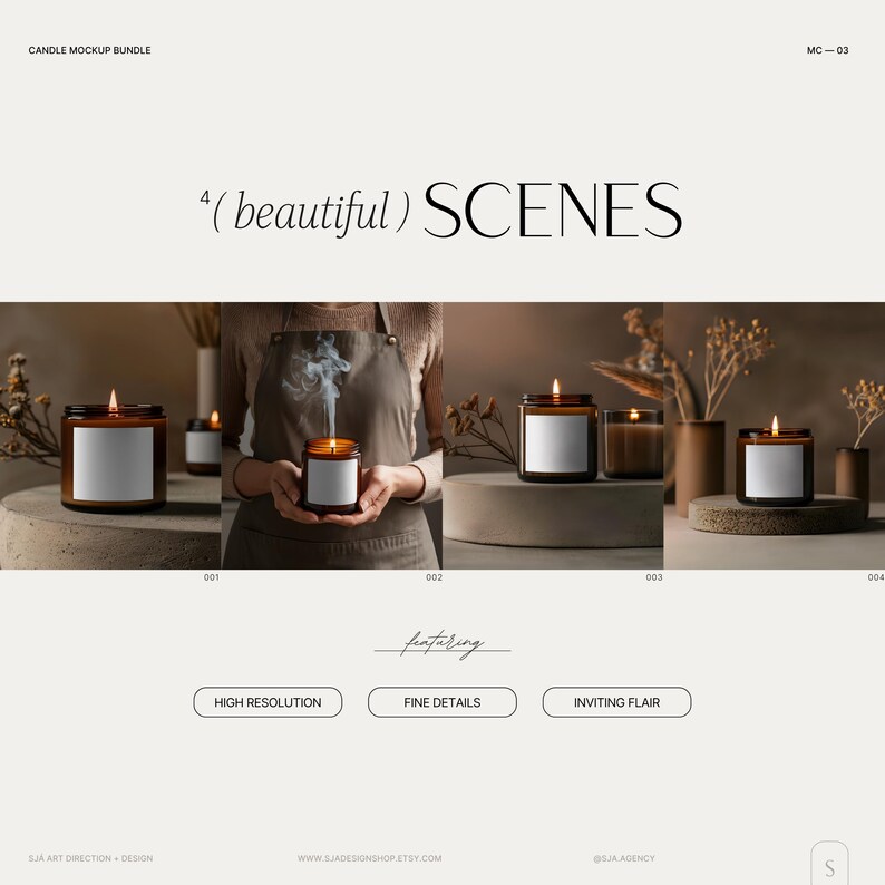 May include: Four candle mockups in different scenes. The first scene shows a brown candle with a white label on a wooden table. The second scene shows a person holding a brown candle with a white label. The third scene shows a brown candle with a white label on a concrete table. The fourth scene shows a brown candle with a white label on a wooden table.