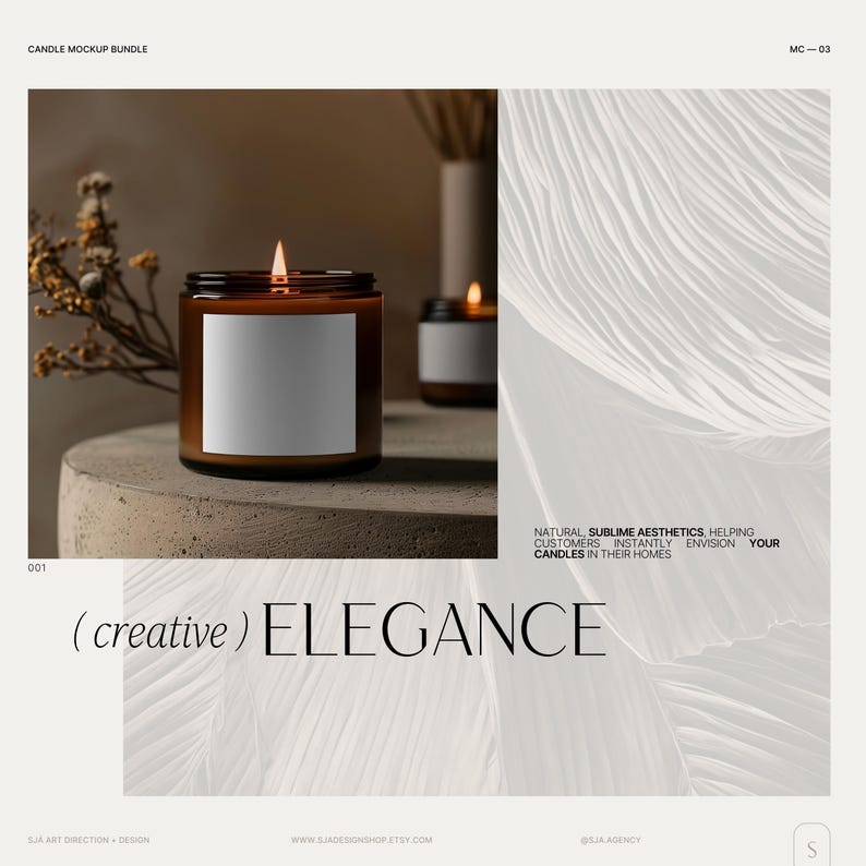 May include: A brown glass candle jar with a white label and a lit wick. The candle is on a gray concrete surface with a dried flower arrangement in the background. The text (creative) ELEGANCE is displayed below the image.