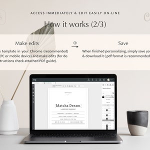 May include: A laptop computer screen displaying a mockup of a candle label design with the text "Matcha Dream" and "Soy Wax Candle". The screen is open to a web-based design editor with a side panel for editing text and colors. The laptop is on a white surface with a white vase and a gray mug.