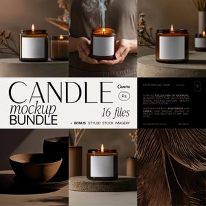 May include: A set of 16 candle mockup files for Canva and Photoshop. The mockups feature various candle designs in a minimalist, earthy aesthetic with brown, beige, and cream tones. The mockups are perfect for showcasing your candle designs and branding.