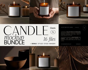 Candle Photoshop Mockup Bundle, Boho Fall Mock-Up PSD & Canva, Smart Object Label Mockup for Print On Demand Candle Packaging 9oz • m-ca-03