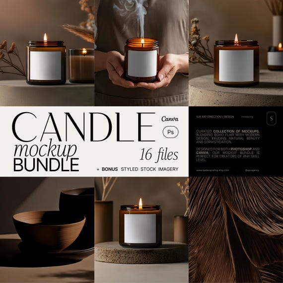 Candle Photoshop Mockup Bundle, Boho Fall Mock-Up PSD & Canva, Smart Object Label Mockup for Print On Demand Candle Packaging 9oz • m-ca-03