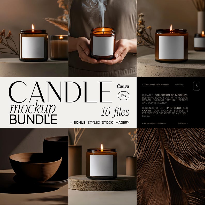 May include: A set of 16 candle mockup files for Canva and Photoshop. The mockups feature various candle designs in a minimalist, earthy aesthetic with brown, beige, and cream tones. The mockups are perfect for showcasing your candle designs and branding.