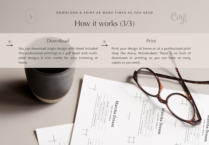 May include: A close-up of a printed sheet of paper with the text "Matcha Dream" and a line for the name of the candle. The paper is on a table with a cup and glasses.