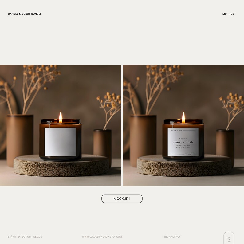 May include: A mockup of a candle with a brown glass jar and a white label. The label has the text "smoke + earth" on it. The candle is sitting on a round concrete coaster. The candle is lit and there is a small amount of smoke coming from the wick.