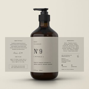 May include: A brown glass bottle with a black pump dispenser. The bottle is labeled "Body Cleanser N&deg; 9 | Rituals" and contains 8 fl oz (236 ml) of product. The label also includes information about the brand and ingredients.
