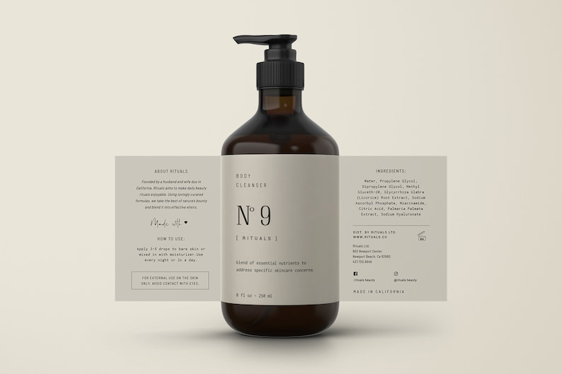 May include: A brown glass bottle with a black pump dispenser. The bottle is labeled "Body Cleanser N&deg; 9 | Rituals" and contains 8 fl oz (236 ml) of product. The label also includes information about the brand and ingredients.
