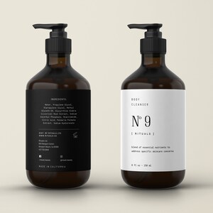 May include: Two brown glass bottles with black pump tops and white labels. The bottle on the left has a list of ingredients. The bottle on the right says "BODY CLEANSER N&deg; 9 | RITUALS | Blend of essential nutrients to address specific skincare concerns 8 fl oz - 236 ml"