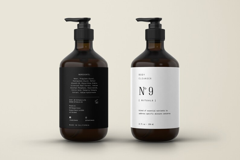 May include: Two brown glass bottles with black pump tops and white labels. The bottle on the left has a list of ingredients. The bottle on the right says "BODY CLEANSER N&deg; 9 | RITUALS | Blend of essential nutrients to address specific skincare concerns 8 fl oz - 236 ml"