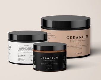 May include: Three jars of body cleanser with black lids and labels. The largest jar is labeled "GERANIUM Energizing Body Cleanser" and contains 16 fl oz. The other jars also have the "GERANIUM" label.