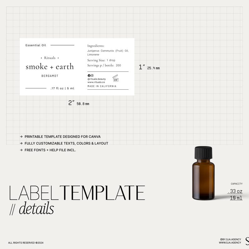 Puede incluir: Una plantilla de etiqueta imprimible para botellas de aceite esencial. La etiqueta est&aacute; dise&ntilde;ada para Canva y presenta un dise&ntilde;o minimalista con el texto "smoke + earth" y "bergamot". La etiqueta mide 5,1 cm por 2,5 cm e incluye los ingredientes, el tama&ntilde;o de la porci&oacute;n y la informaci&oacute;n de las redes sociales. La plantilla es totalmente personalizable e incluye fuentes gratuitas y un archivo de ayuda.