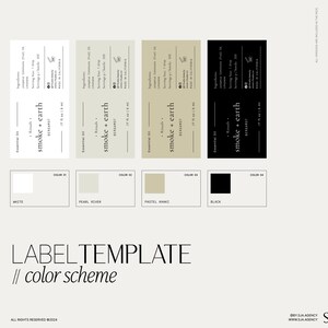 Puede incluir: Cuatro plantillas de etiquetas para botellas de aceite esencial. Las etiquetas est&aacute;n en cuatro esquemas de color diferentes: blanco, r&iacute;o perla, caqui pastel y negro. Cada etiqueta presenta el texto "Rituals", "smoke + earth", "BERGAMOT" y "17 fl oz / 5 ml".