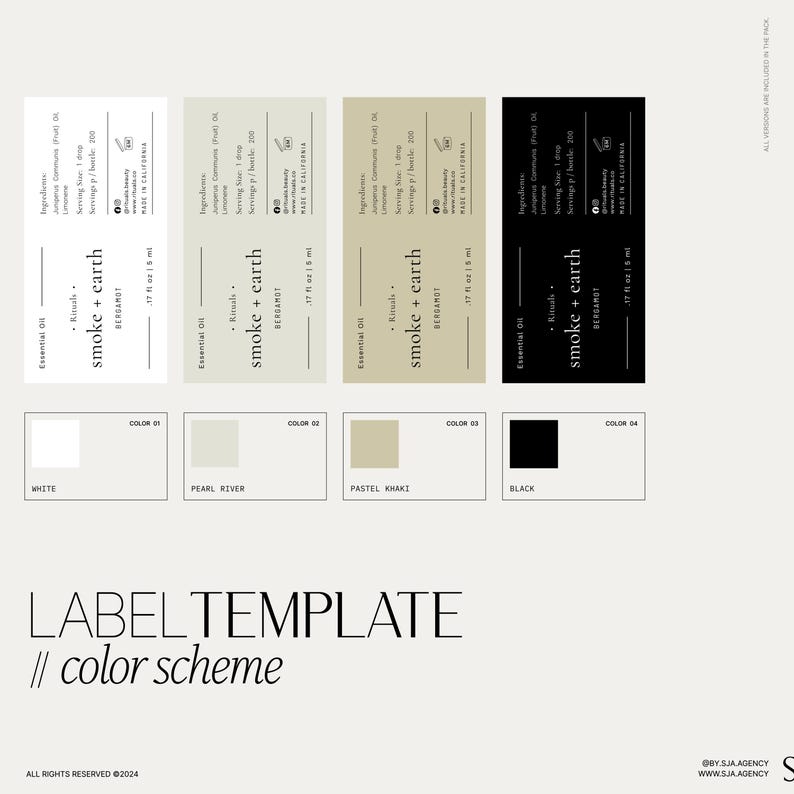 Puede incluir: Cuatro plantillas de etiquetas para botellas de aceite esencial. Las etiquetas est&aacute;n en cuatro esquemas de color diferentes: blanco, r&iacute;o perla, caqui pastel y negro. Cada etiqueta presenta el texto "Rituals", "smoke + earth", "BERGAMOT" y "17 fl oz / 5 ml".