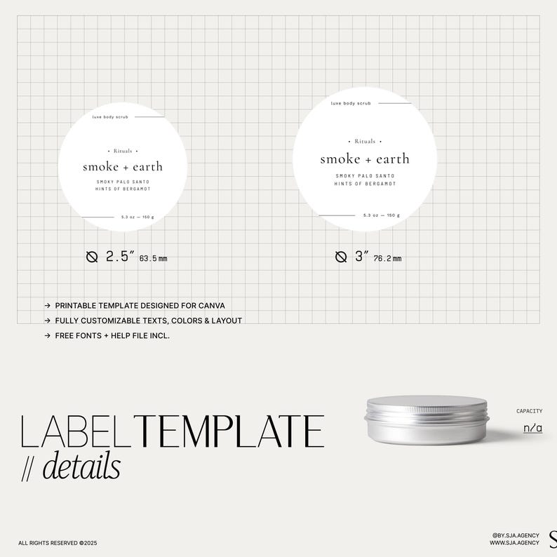Round Cosmetic Labels Stickers, Body Butter Circle Labels Template DIY, Personalized Body Product Label Design for Jars & Tins 2.5" 3"・Smoke image 3