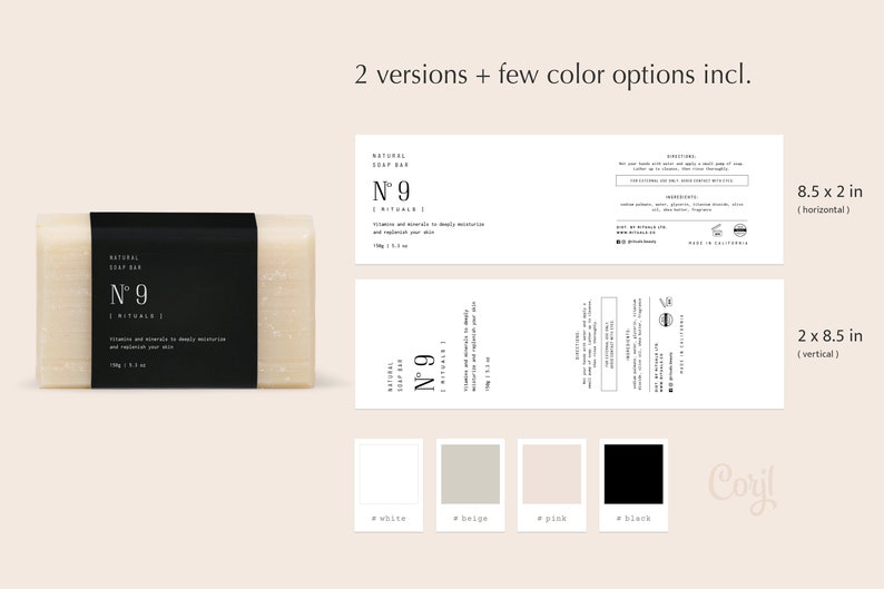 May include: A natural soap bar with a black label that says "Natural Soap Bar N&deg; 9 | Ritual | Vitamins and minerals to deeply moisturize and replenish your skin 110g | 3.9 oz"