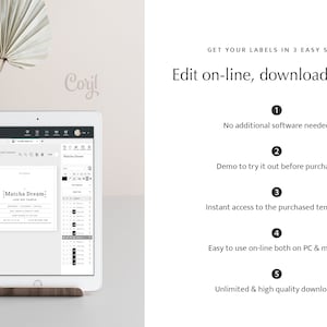 May include: A screenshot of a tablet displaying a website for creating and editing labels. The website is called "Corjl" and the label being edited says "Matcha Dream" with the text "Soy Soy Candle" underneath. The website has a menu bar at the top and a sidebar on the right with options for editing the label.