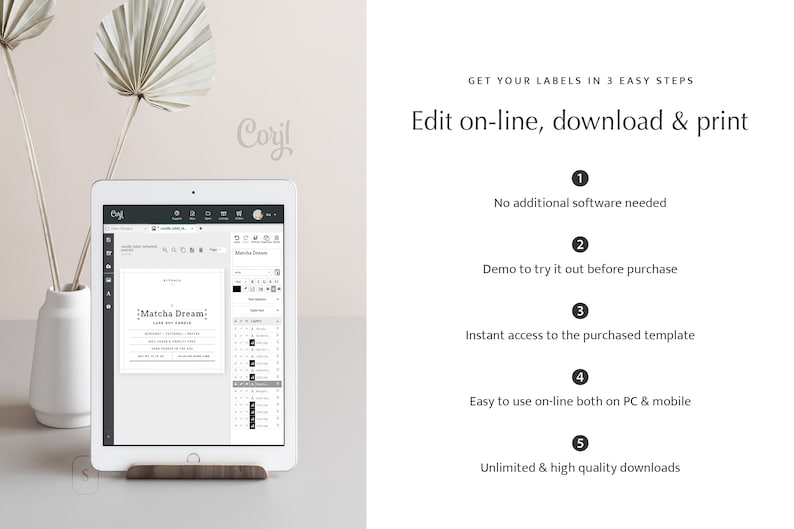 May include: A screenshot of a tablet displaying a website for creating and editing labels. The website is called "Corjl" and the label being edited says "Matcha Dream" with the text "Soy Soy Candle" underneath. The website has a menu bar at the top and a sidebar on the right with options for editing the label.