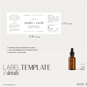 DIY Editable Dropper Bottle Label Template, 1 oz Printable Skincare Labels, Beauty Product Label Template Design, Serum Oil Label・Smoke image 2