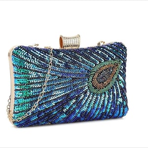 Teal Blue Peacock Clutch Bag Vintage Crystal Evening Bag