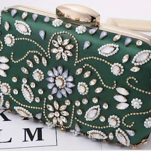 Grüne Blumen Strasssteine Hochzeitstasche Bead Embroidery Abendtasche