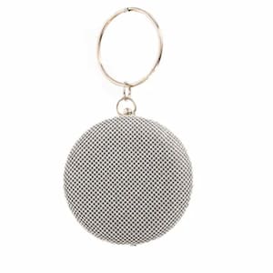 Silver Diamanté Round Grab Bag with Ring Handle and Optional Shoulder Chain