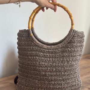 Handwoven Raffia Tote Bag with Bamboo Handles - Crochet Straw Bag