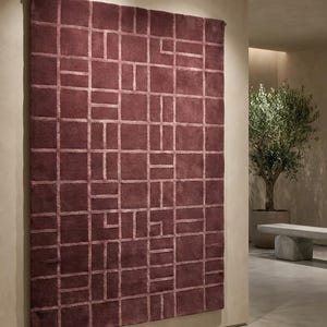 Plum Geometric Area Rug | Architectural Grid Pattern, Wool Hand-Tufted Cut Pile