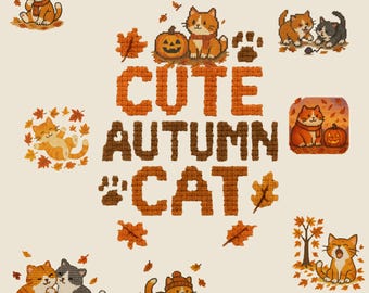 Autumn Cat Cross Stitch Pattern PDF, Fall Digital Embroidery, Cozy Pumpkin Leaf Design, Instant Download