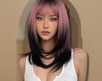 Black Pink Ombre Wig With Bangs, Long Straight Layered Synthetic Wig, Heat Resistant Wig, Daily Wear Cosplay Or Party Style, Gift For Her