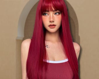 Rode kleur lange zijdeachtige rechte pruiken met pony, synthetische pruik voor modevrouwen, hittebestendige natuurlijke pruik, feestpruik, cosplaypruik, geschenken