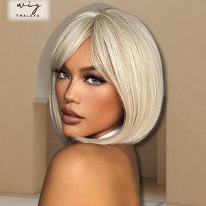 White Gold Short Bob Wig with Bangs, Heat Resistant Synthetic Straight Hair for Women, Daily Wig, Christmas Look, Gift for Her