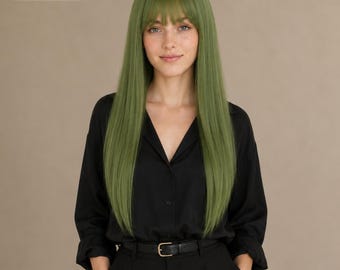 Green Straight Wig with Bangs, Natural Looking Heat Resistant Synthetic Hair for Women, Daily Wear Fiber Wig, Gift for Her
