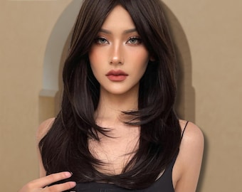 24 Inch Long Black Layered Wig With Curtain Bangs Heat 